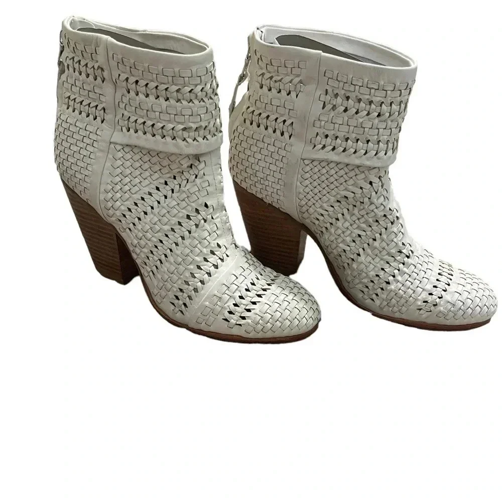 👢 Rag &‎ Bone Newbury Woven Leather Ankle Boots Ivory Size 10 $595 Retail 👢